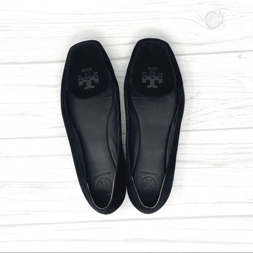 TORY BURCH Black Suede Emblem Loafers Flats